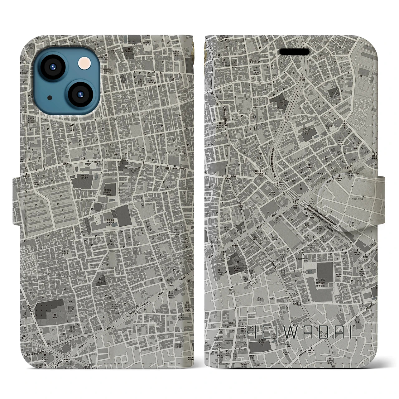 【平和台(東京都)】地図柄iPhoneケース(手帳タイプ)モノトーン・iPhone 13 用