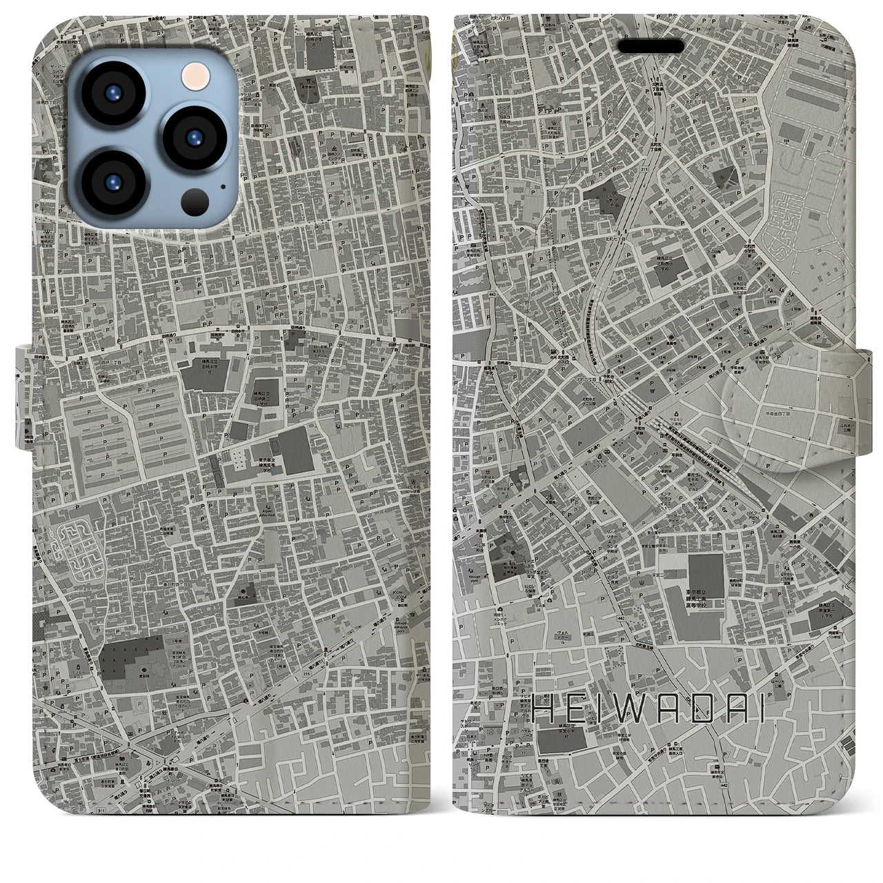 【平和台(東京都)】地図柄iPhoneケース(手帳タイプ)モノトーン・iPhone 13 Pro Max 用
