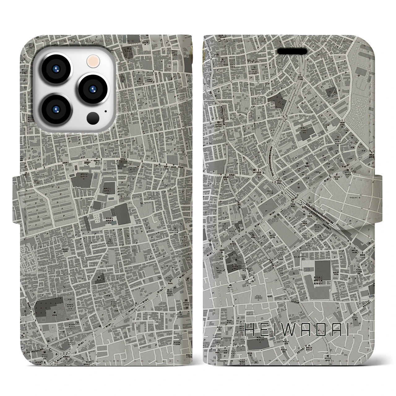 【平和台(東京都)】地図柄iPhoneケース(手帳タイプ)モノトーン・iPhone 13 Pro 用