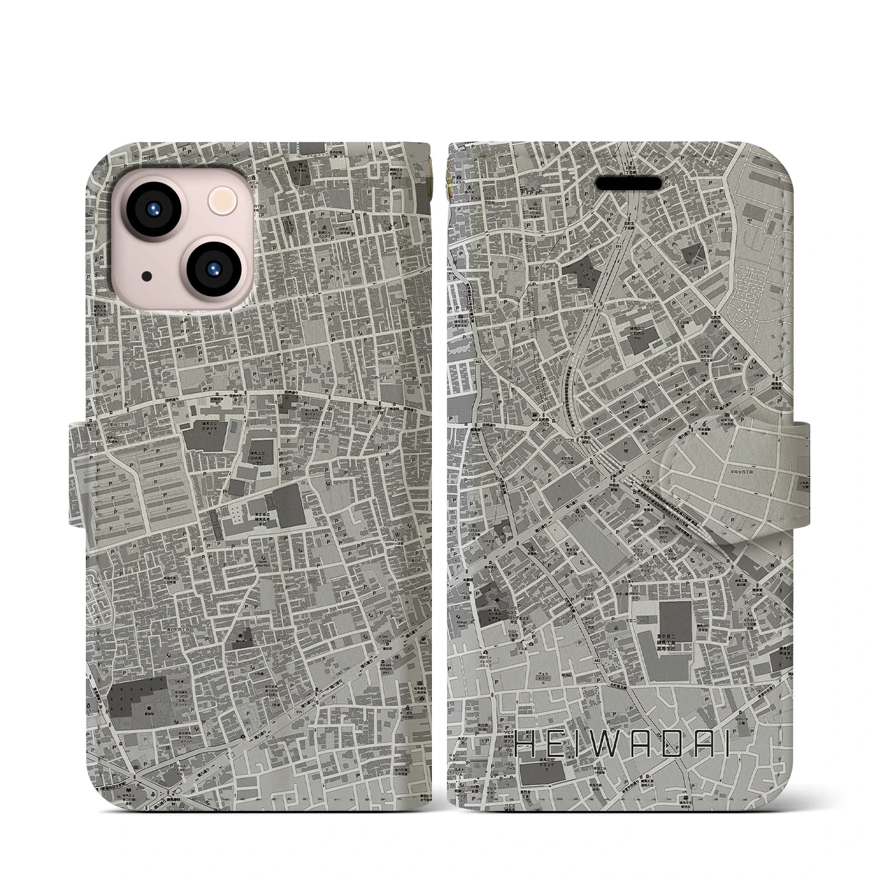 【平和台(東京都)】地図柄iPhoneケース(手帳タイプ)モノトーン・iPhone 13 mini 用