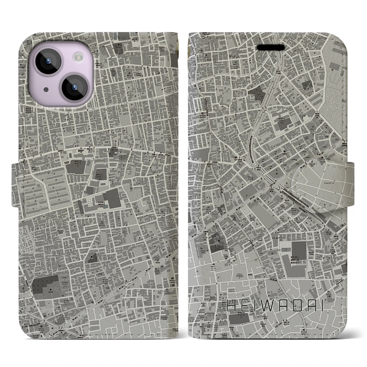 【平和台(東京都)】地図柄iPhoneケース(手帳タイプ)モノトーン・iPhone 14 用