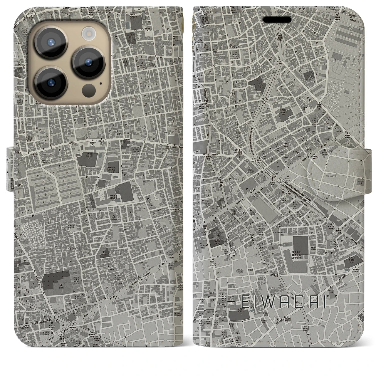 【平和台(東京都)】地図柄iPhoneケース(手帳タイプ)モノトーン・iPhone 14 Pro Max 用
