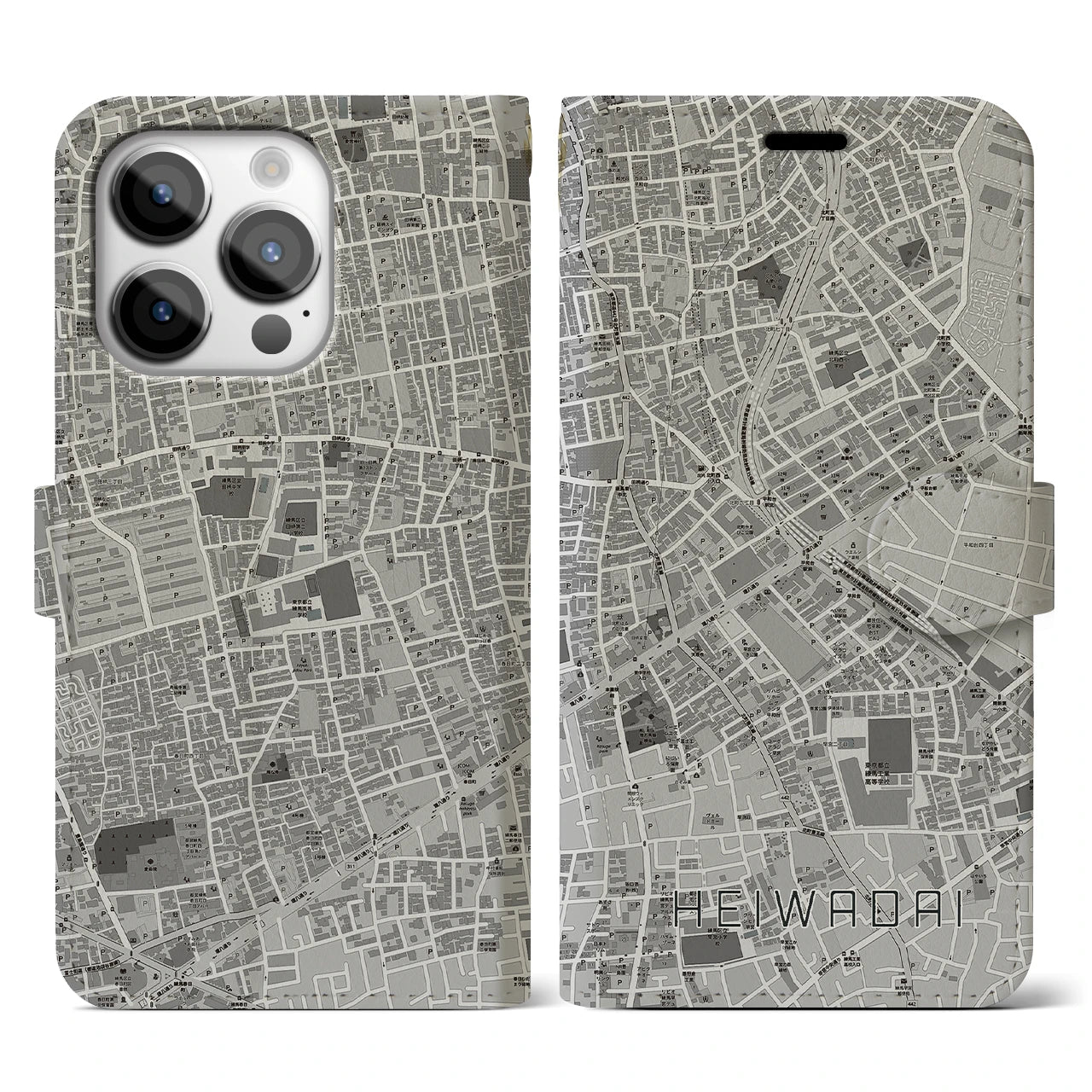 【平和台(東京都)】地図柄iPhoneケース(手帳タイプ)モノトーン・iPhone 14 Pro 用