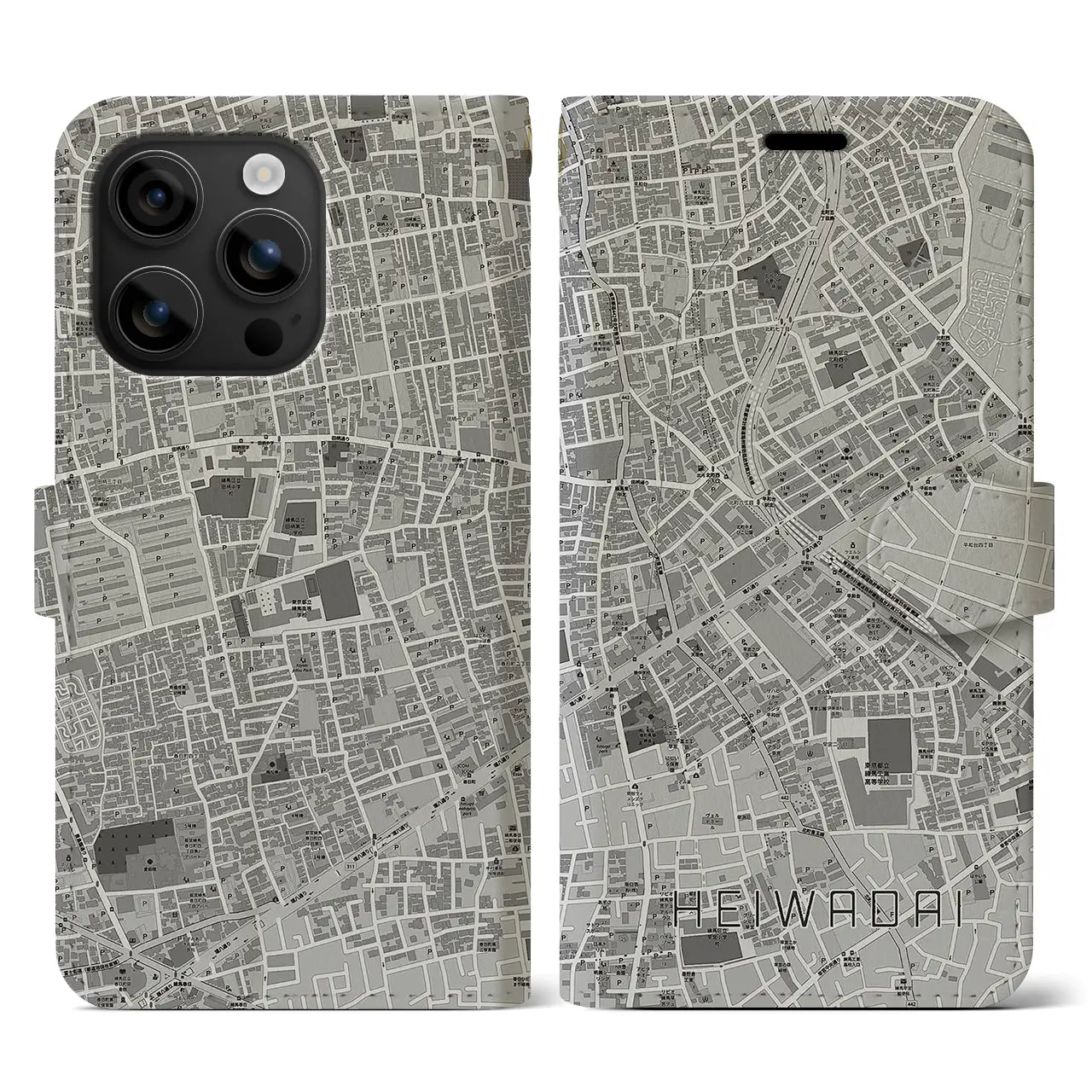 【平和台(東京都)】地図柄iPhoneケース(手帳タイプ)モノトーン・iPhone 16 用
