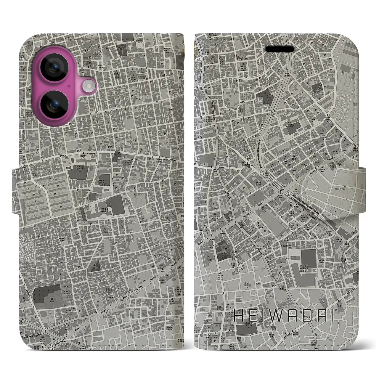 【平和台(東京都)】地図柄iPhoneケース(手帳タイプ)モノトーン・iPhone 16 Pro 用
