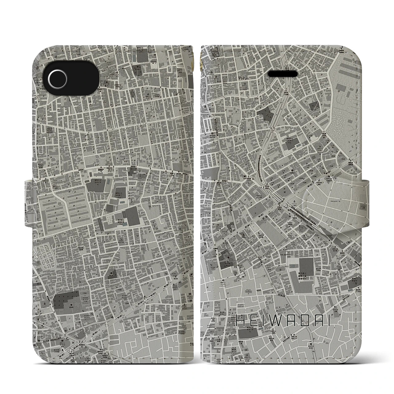 【平和台(東京都)】地図柄iPhoneケース(手帳タイプ)モノトーン・iPhone SE(第3 / 第2世代) / 8 / 7 / 6s / 6 用