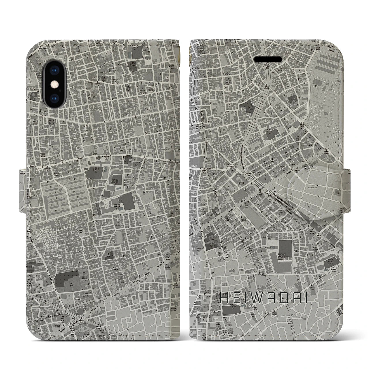 【平和台(東京都)】地図柄iPhoneケース(手帳タイプ)モノトーン・iPhone XS / X 用