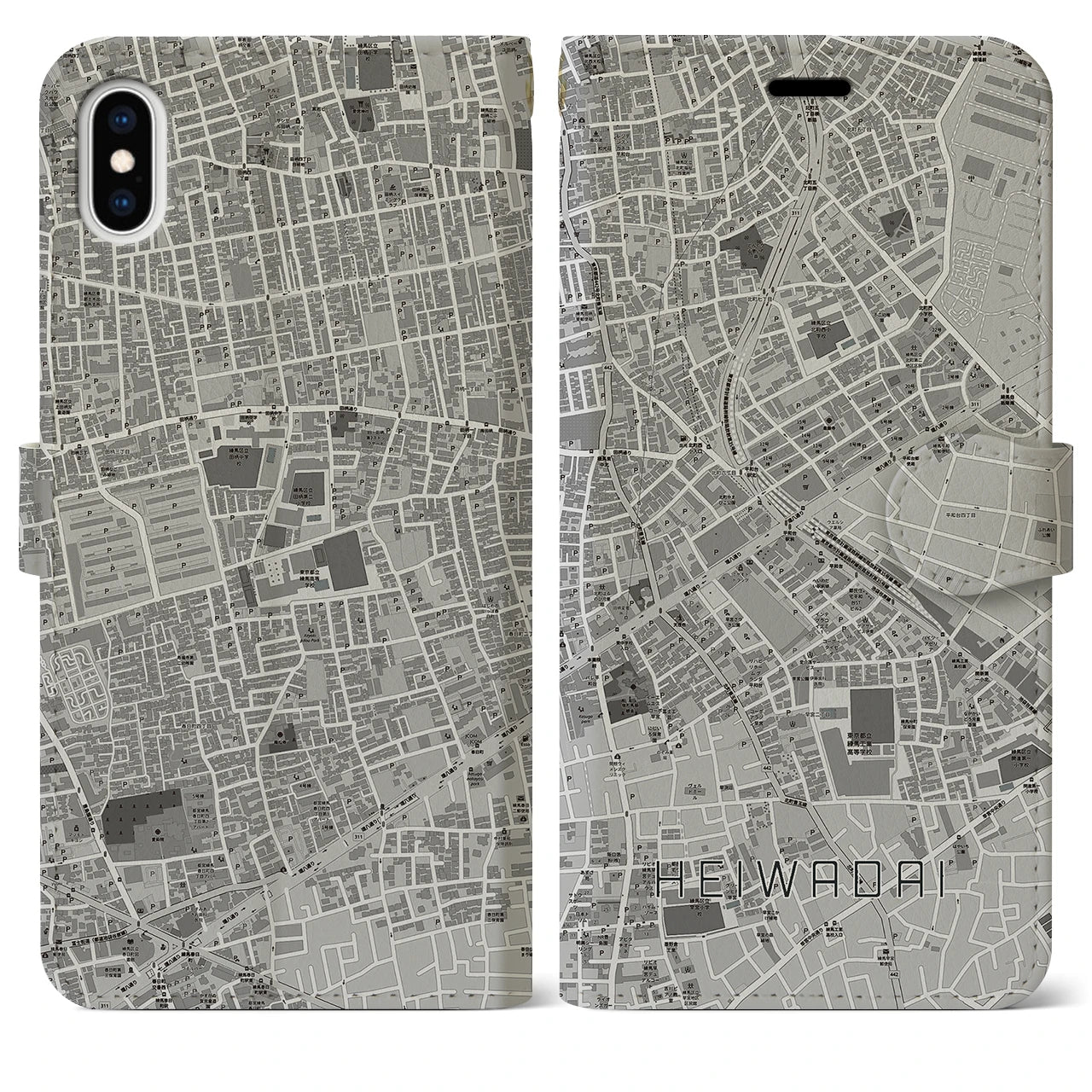 【平和台(東京都)】地図柄iPhoneケース(手帳タイプ)モノトーン・iPhone XS Max 用