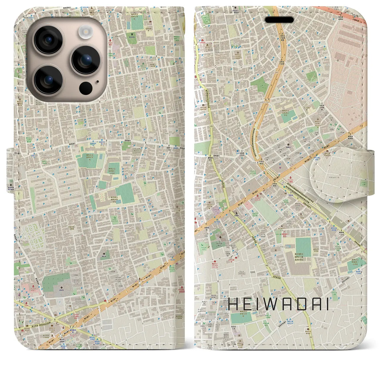 【平和台(東京都)】地図柄iPhoneケース(手帳タイプ)ナチュラル・iPhone 16 Plus 用