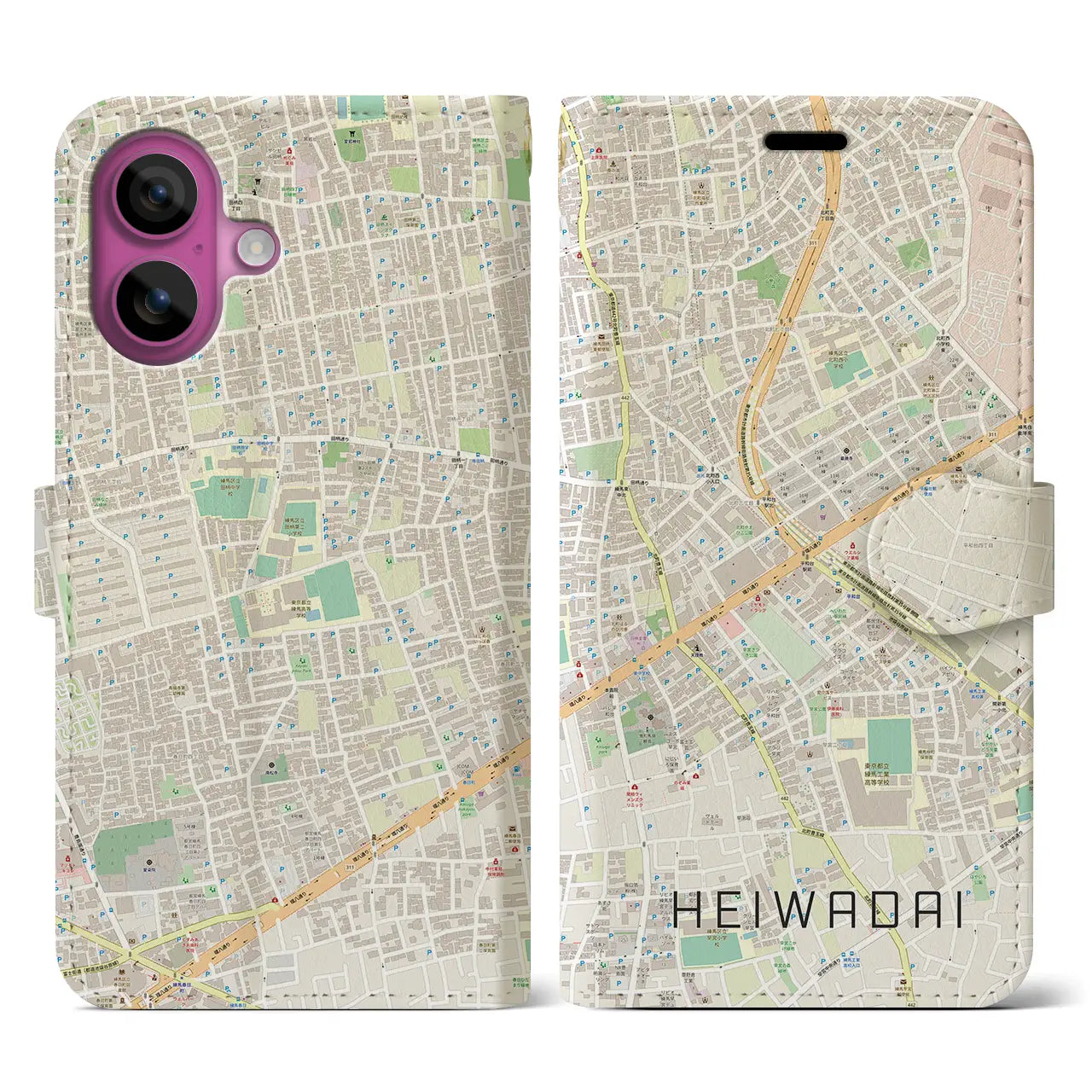 【平和台(東京都)】地図柄iPhoneケース(手帳タイプ)ナチュラル・iPhone 16 Pro 用
