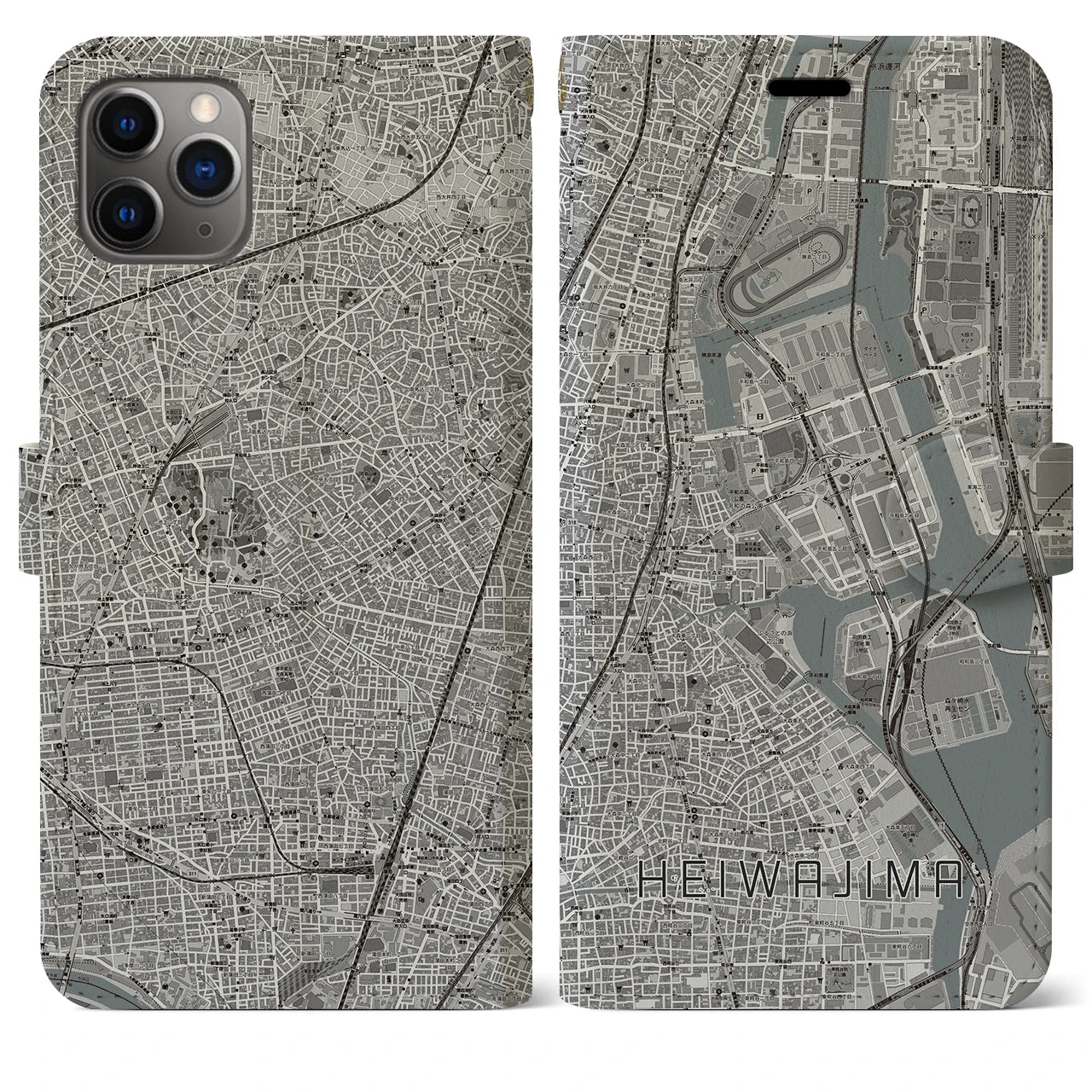 【平和島(東京都)】地図柄iPhoneケース(手帳タイプ)モノトーン・iPhone 11 Pro Max 用
