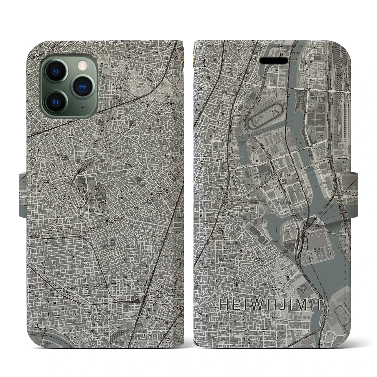 【平和島(東京都)】地図柄iPhoneケース(手帳タイプ)モノトーン・iPhone 11 Pro 用