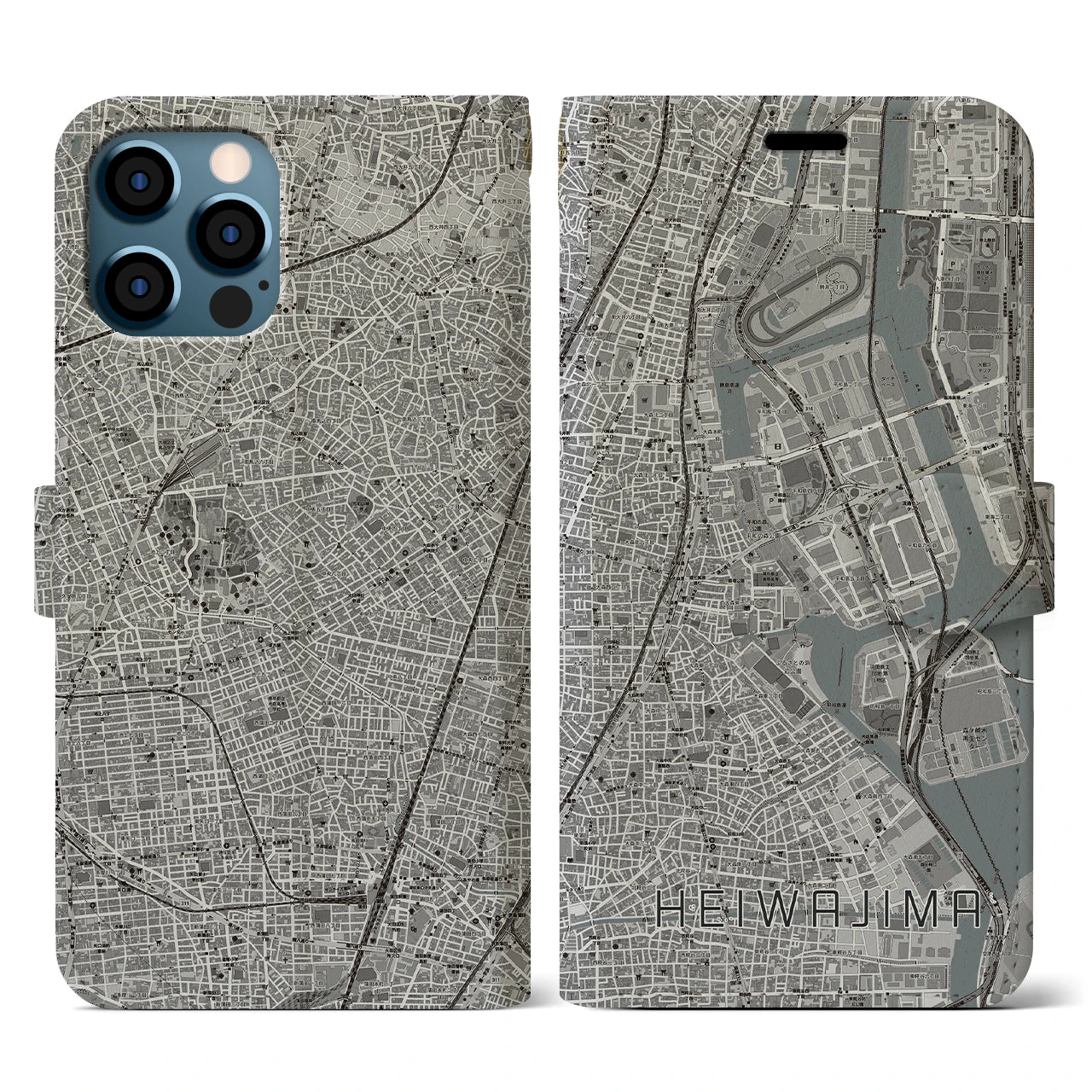 【平和島(東京都)】地図柄iPhoneケース(手帳タイプ)モノトーン・iPhone 12 / 12 Pro 用