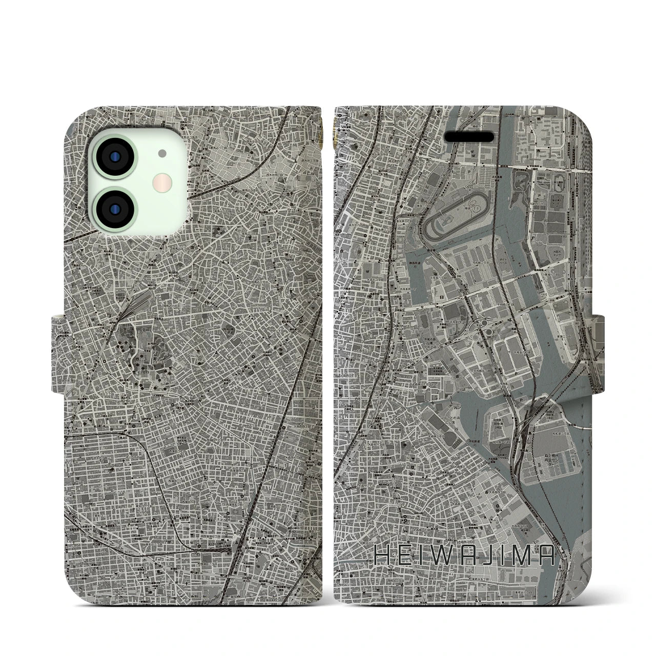 【平和島(東京都)】地図柄iPhoneケース(手帳タイプ)モノトーン・iPhone 12 mini 用