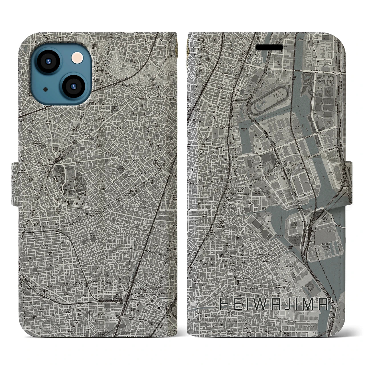 【平和島(東京都)】地図柄iPhoneケース(手帳タイプ)モノトーン・iPhone 13 用
