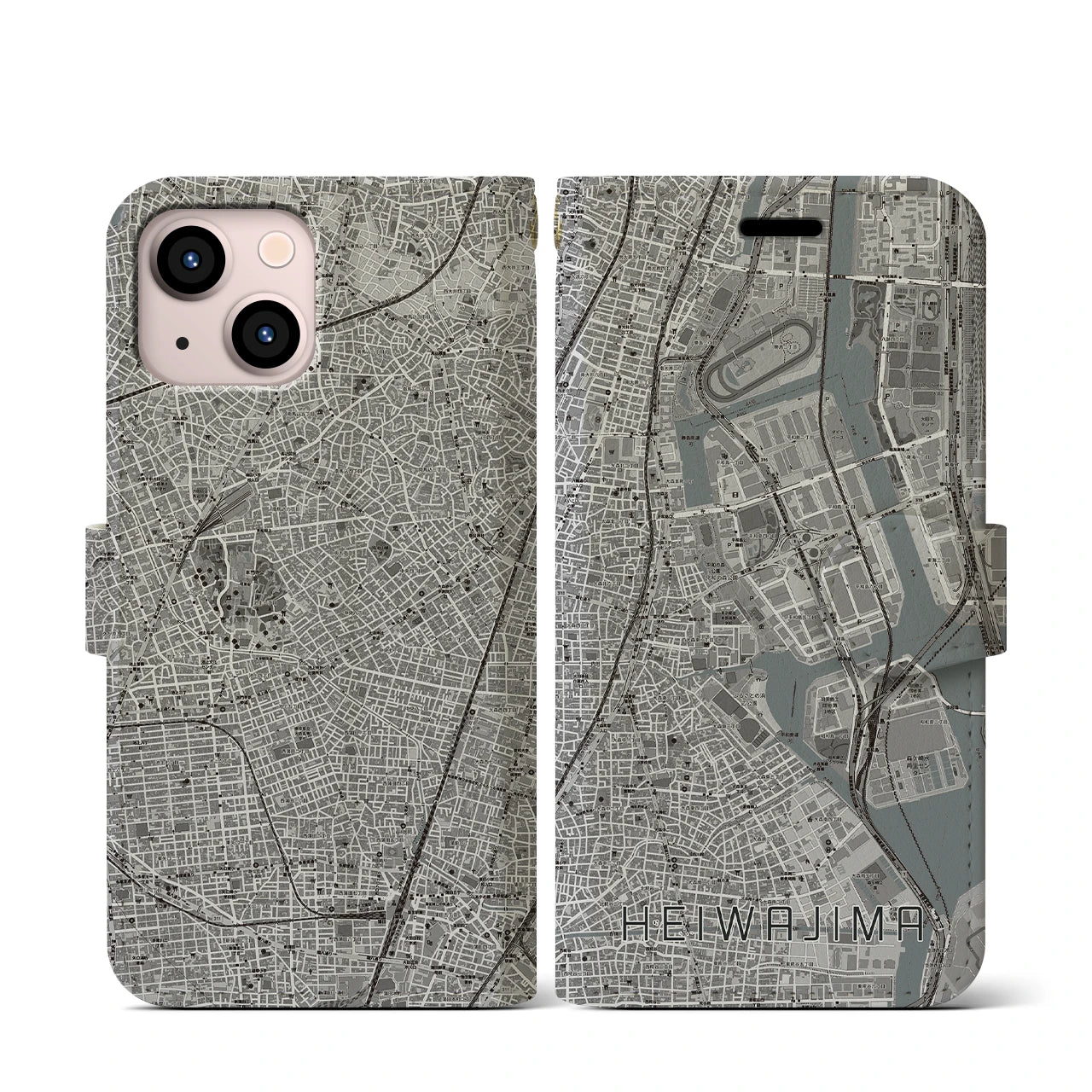 【平和島(東京都)】地図柄iPhoneケース(手帳タイプ)モノトーン・iPhone 13 mini 用