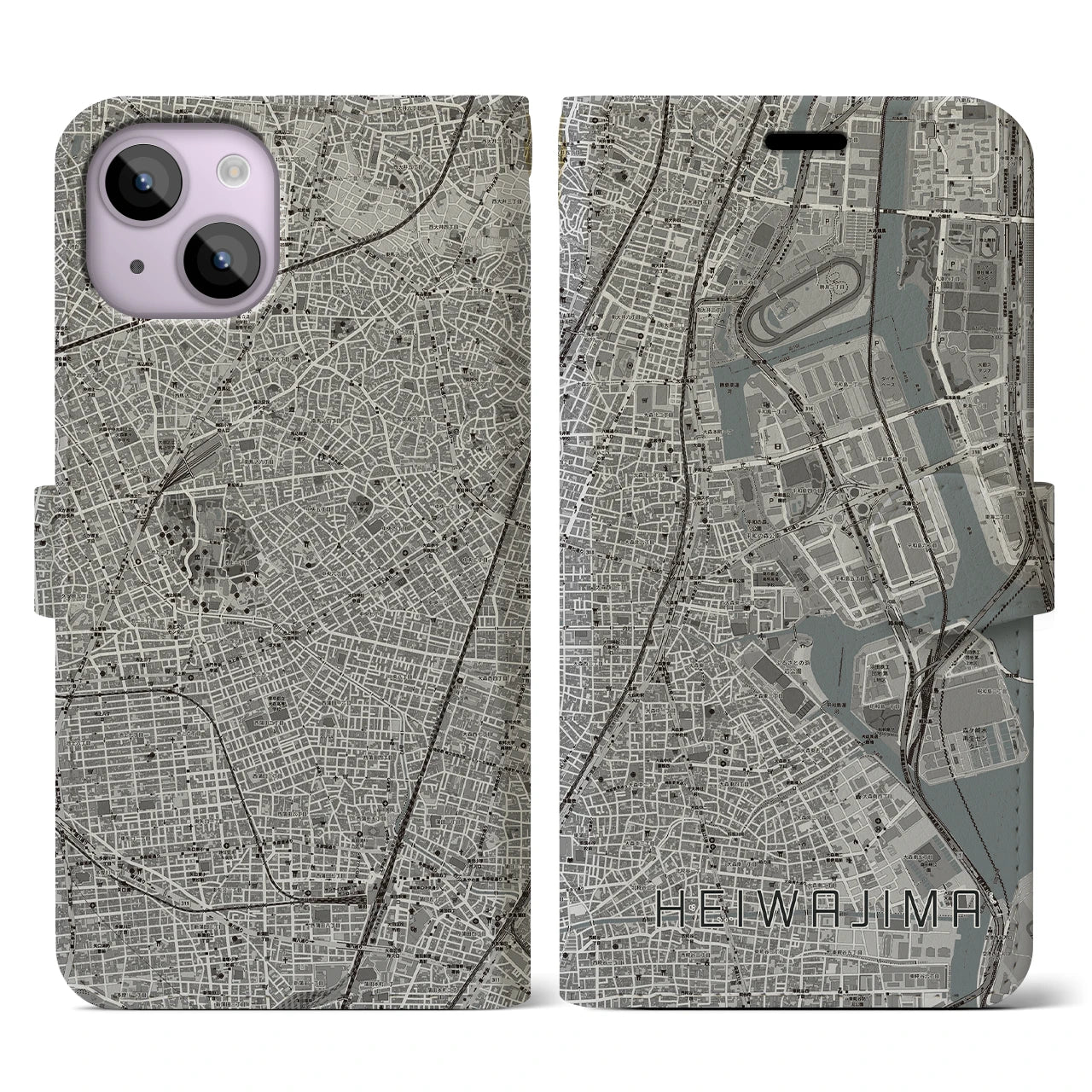 【平和島(東京都)】地図柄iPhoneケース(手帳タイプ)モノトーン・iPhone 14 用