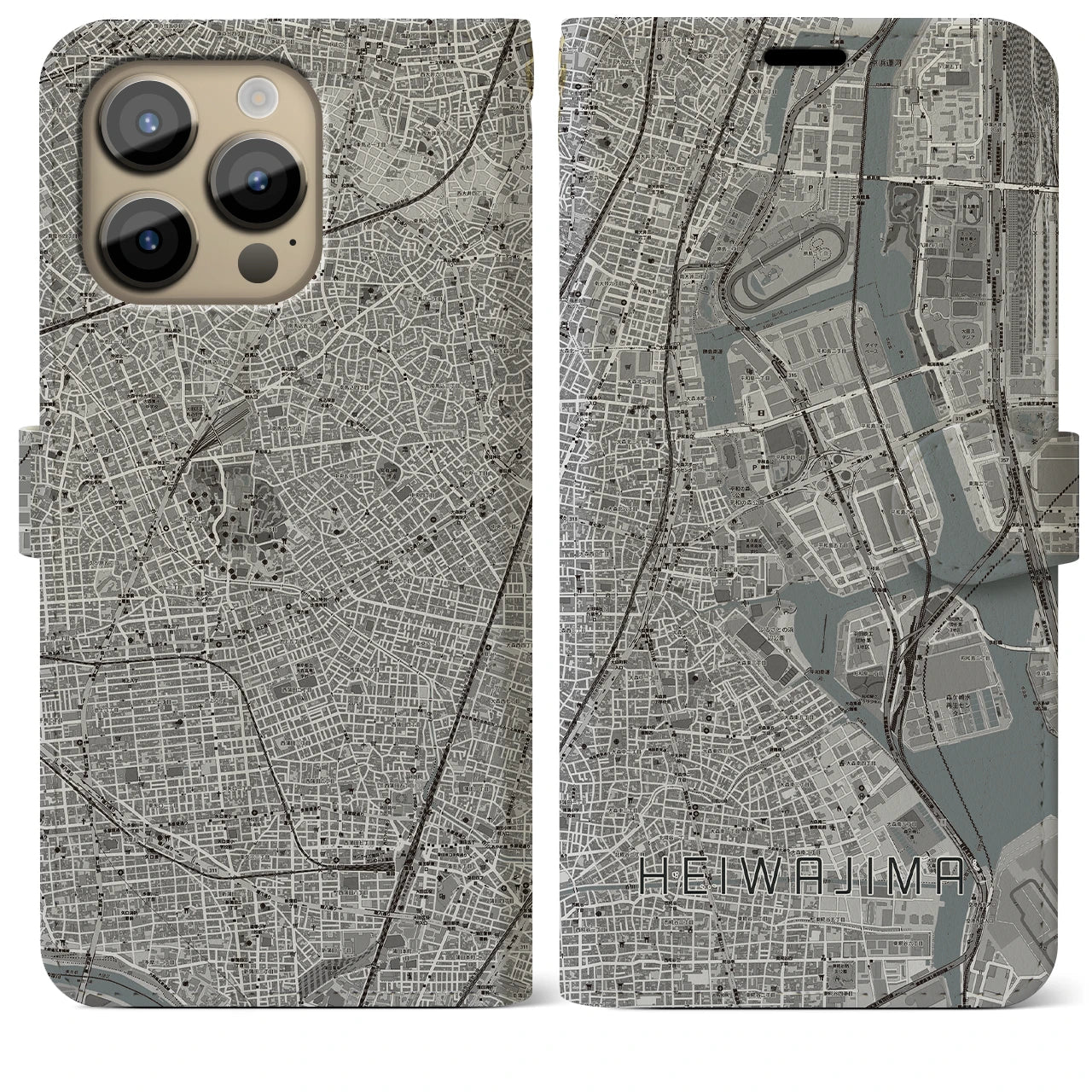 【平和島(東京都)】地図柄iPhoneケース(手帳タイプ)モノトーン・iPhone 14 Pro Max 用