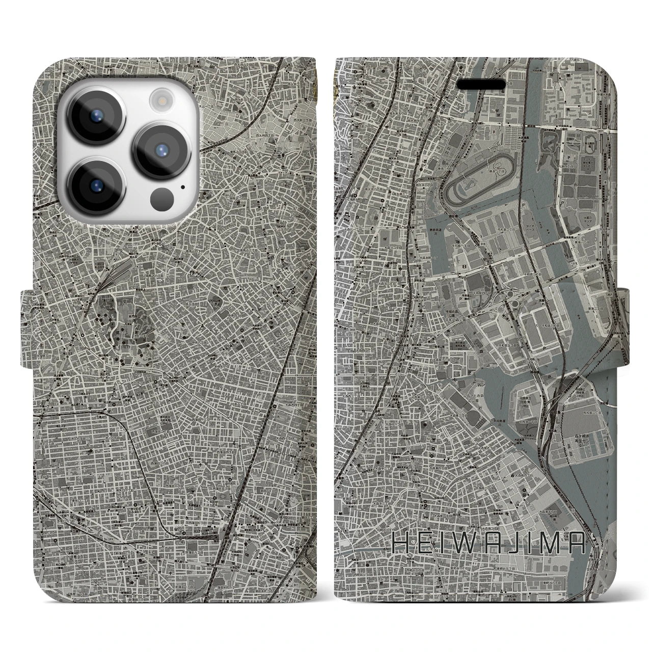 【平和島(東京都)】地図柄iPhoneケース(手帳タイプ)モノトーン・iPhone 14 Pro 用