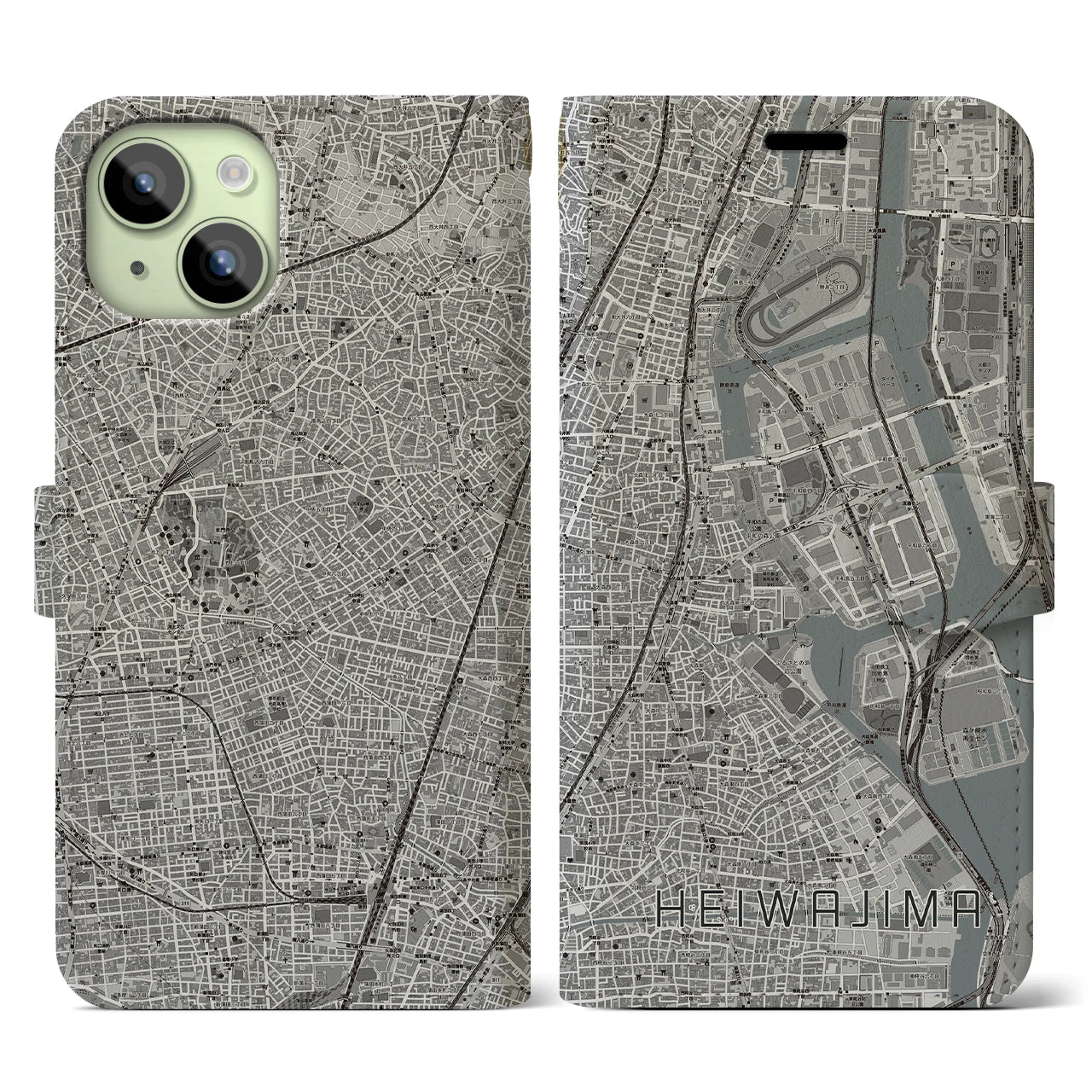 【平和島(東京都)】地図柄iPhoneケース(手帳タイプ)モノトーン・iPhone 15 用