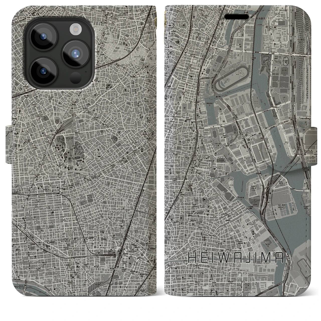 【平和島(東京都)】地図柄iPhoneケース(手帳タイプ)モノトーン・iPhone 15 Pro Max 用