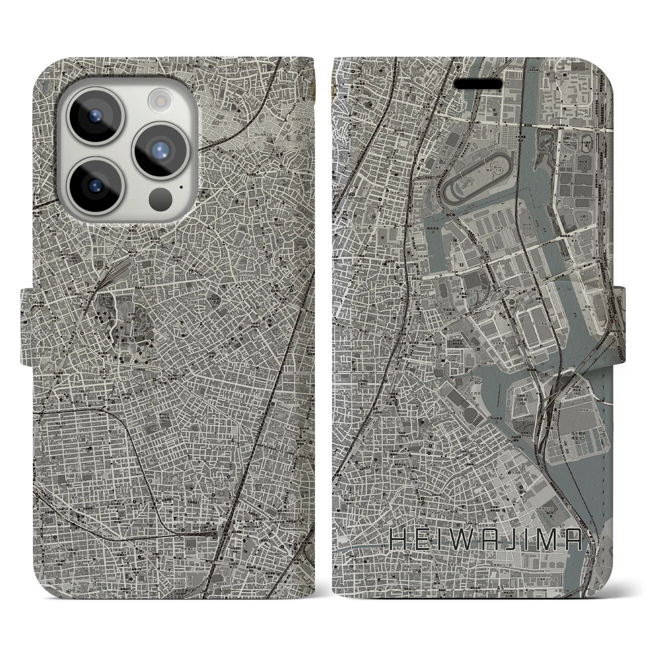 【平和島(東京都)】地図柄iPhoneケース(手帳タイプ)モノトーン・iPhone 15 Pro 用