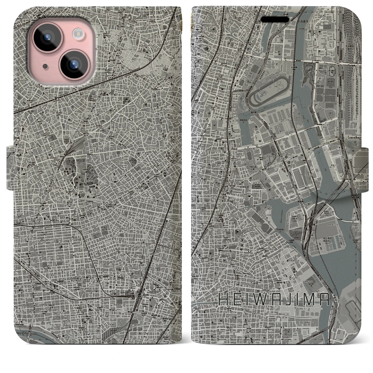 【平和島(東京都)】地図柄iPhoneケース(手帳タイプ)モノトーン・iPhone 15 Plus 用
