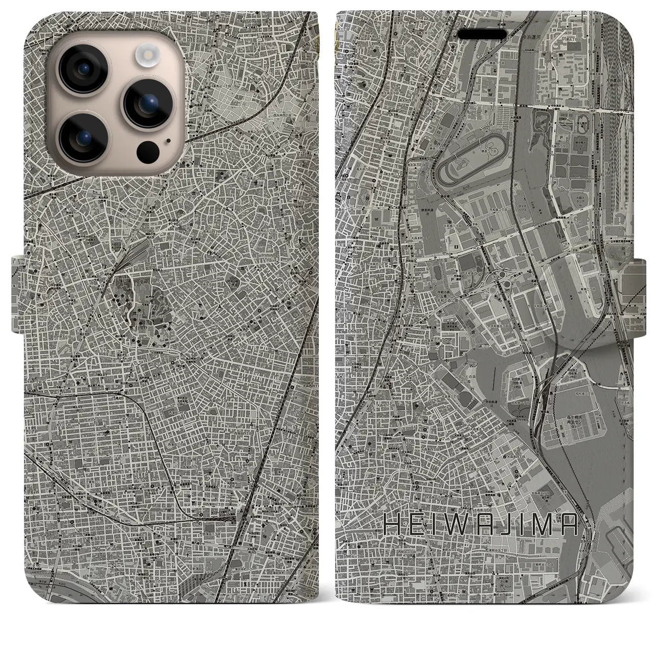 【平和島(東京都)】地図柄iPhoneケース(手帳タイプ)モノトーン・iPhone 16 Plus 用