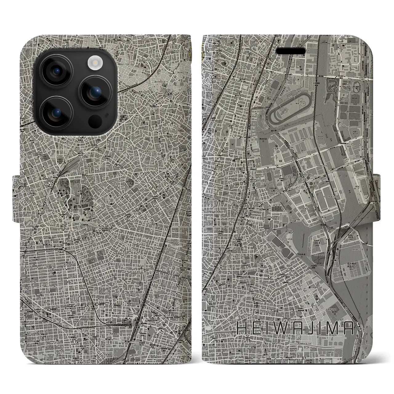 【平和島(東京都)】地図柄iPhoneケース(手帳タイプ)モノトーン・iPhone 16 用