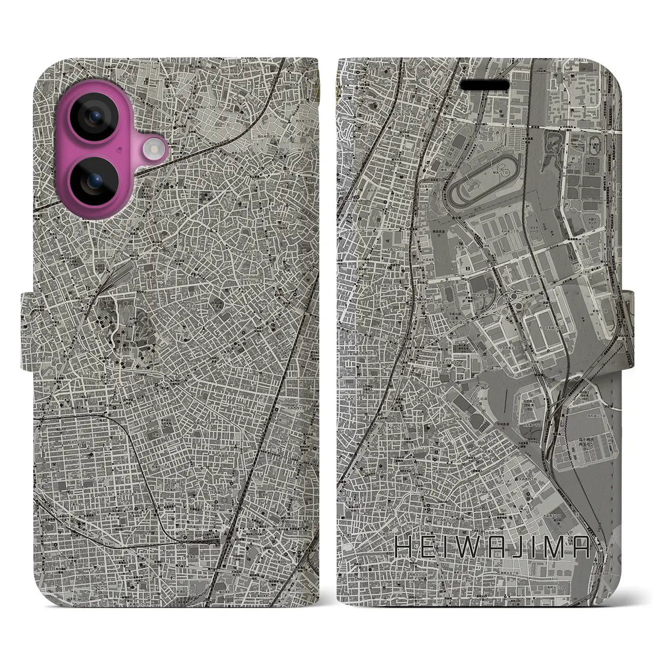 【平和島(東京都)】地図柄iPhoneケース(手帳タイプ)モノトーン・iPhone 16 Pro 用