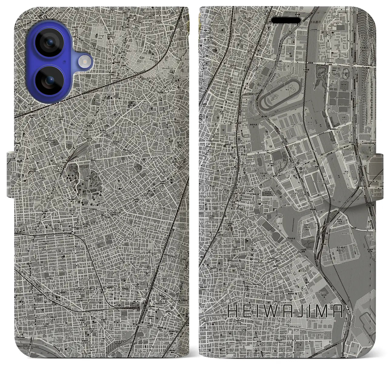 【平和島(東京都)】地図柄iPhoneケース(手帳タイプ)モノトーン・iPhone 16 Pro Max 用
