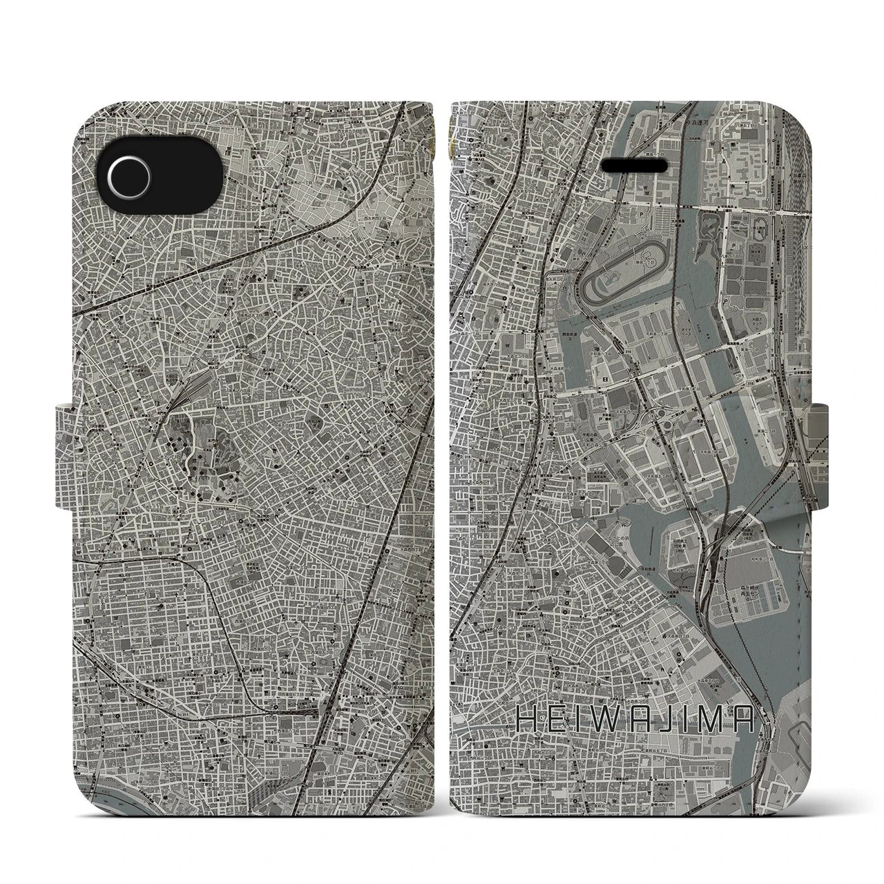 【平和島(東京都)】地図柄iPhoneケース(手帳タイプ)モノトーン・iPhone SE(第3 / 第2世代) / 8 / 7 / 6s / 6 用