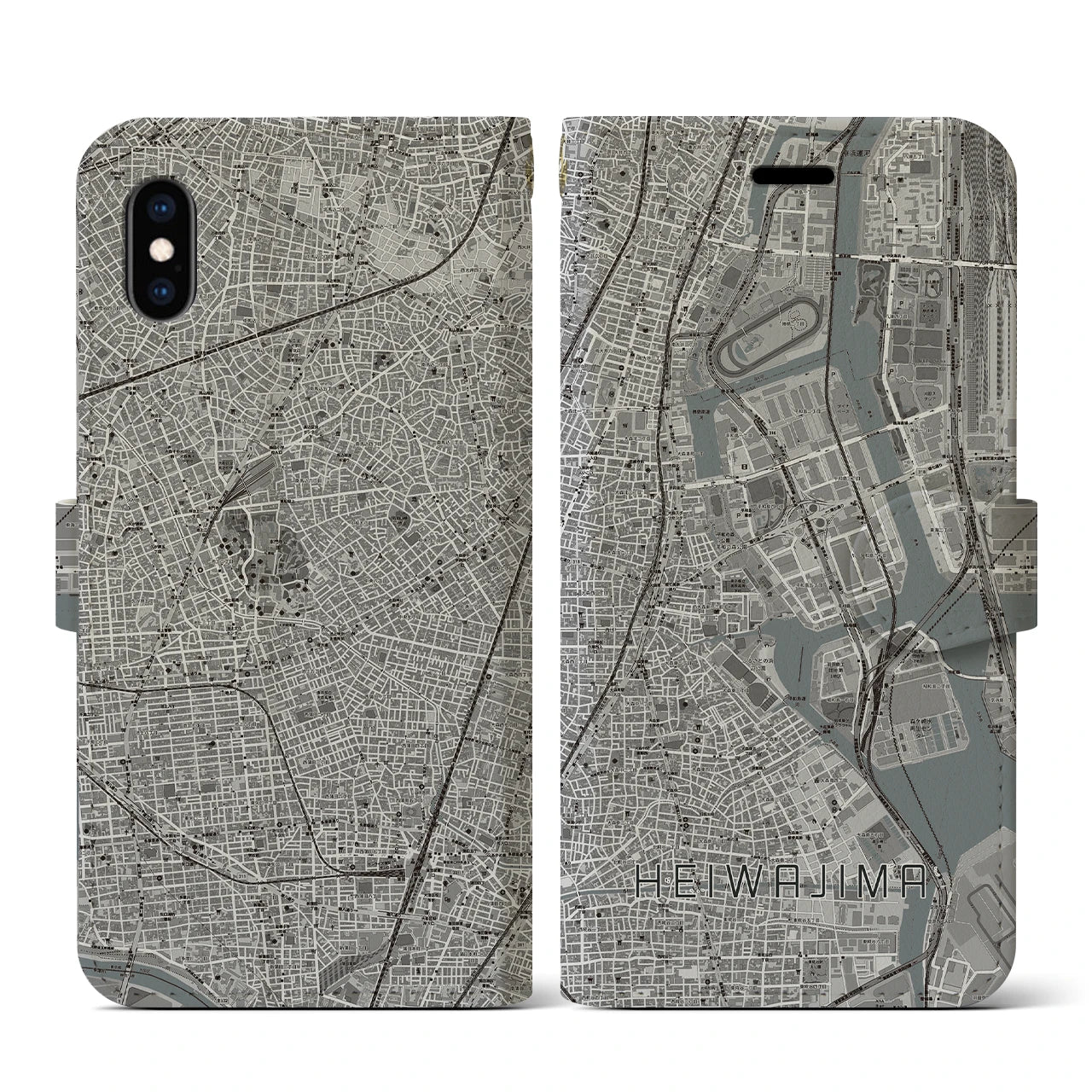 【平和島(東京都)】地図柄iPhoneケース(手帳タイプ)モノトーン・iPhone XS / X 用