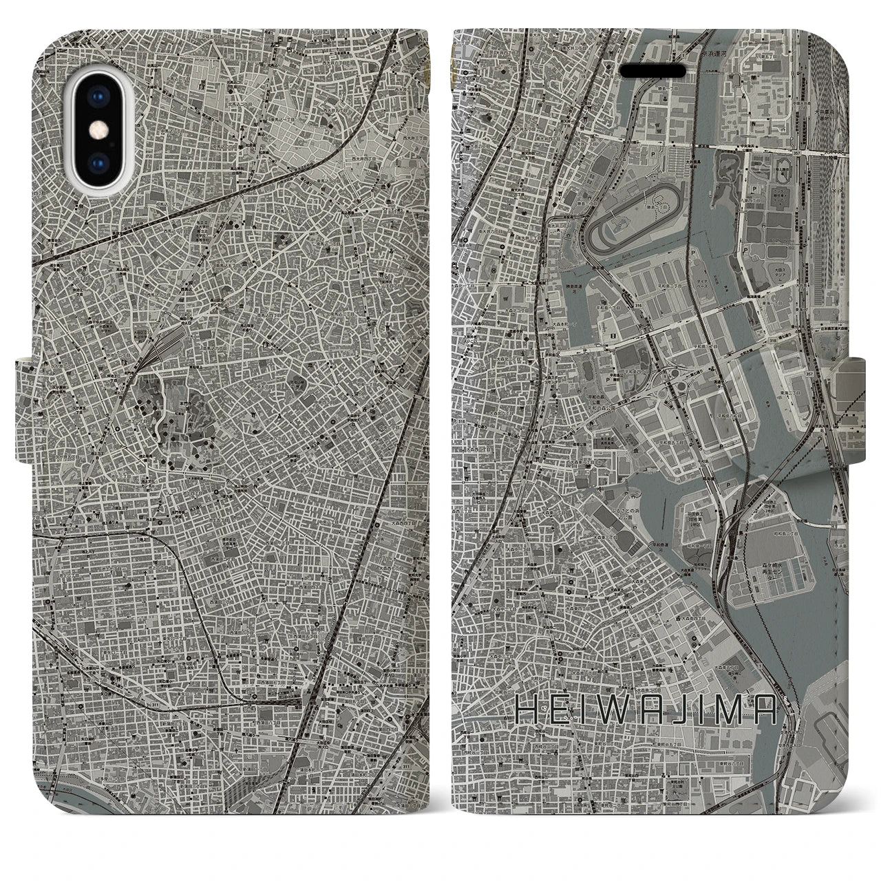 【平和島(東京都)】地図柄iPhoneケース(手帳タイプ)モノトーン・iPhone XS Max 用
