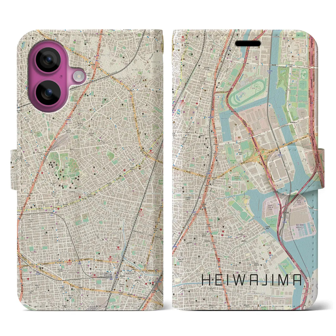 【平和島(東京都)】地図柄iPhoneケース(手帳タイプ)ナチュラル・iPhone 16 Pro 用