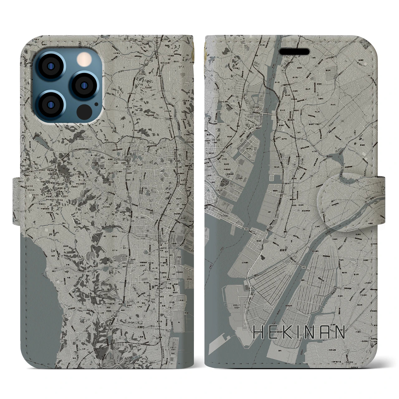 【碧南(愛知県)】地図柄iPhoneケース(手帳タイプ)モノトーン・iPhone 12 / 12 Pro 用
