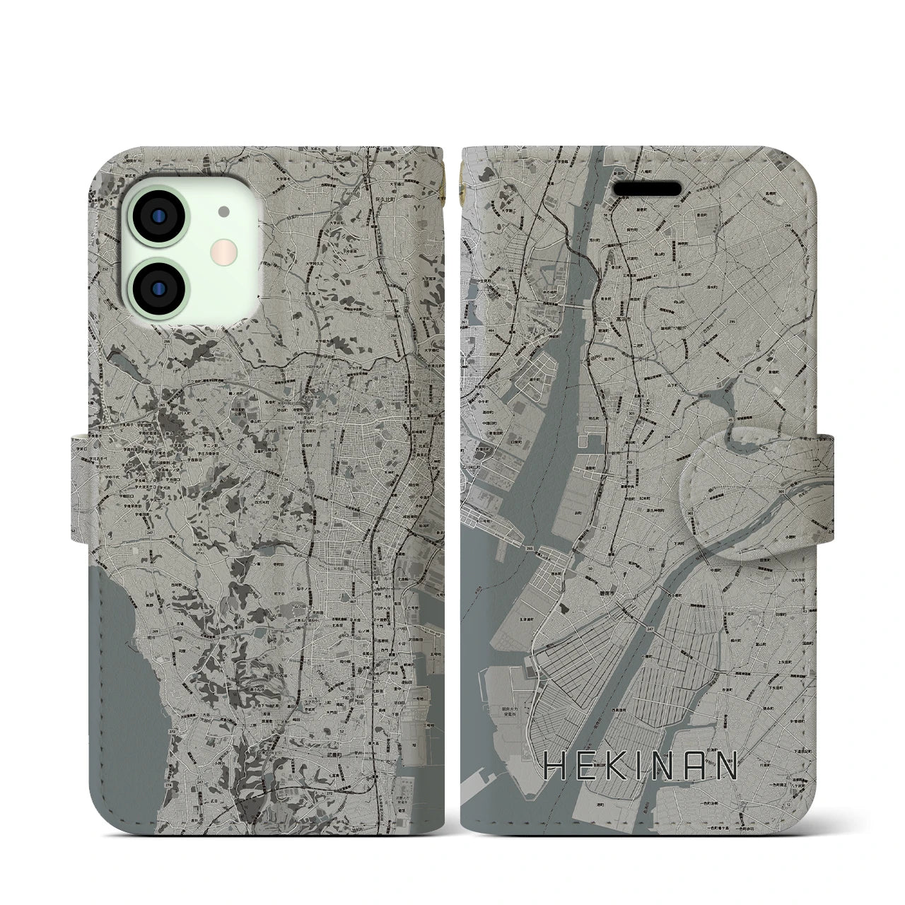 【碧南(愛知県)】地図柄iPhoneケース(手帳タイプ)モノトーン・iPhone 12 mini 用