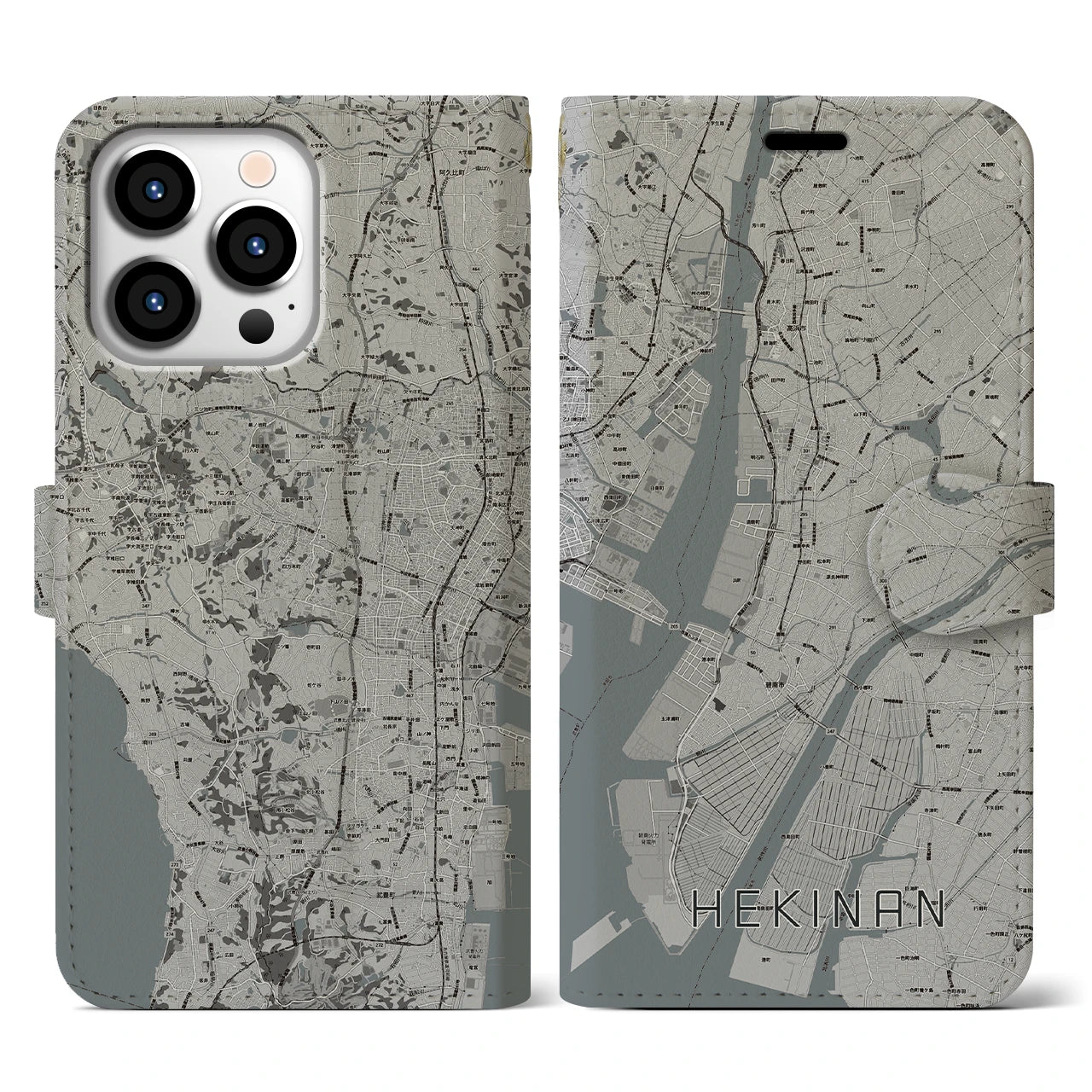【碧南(愛知県)】地図柄iPhoneケース(手帳タイプ)モノトーン・iPhone 13 Pro 用