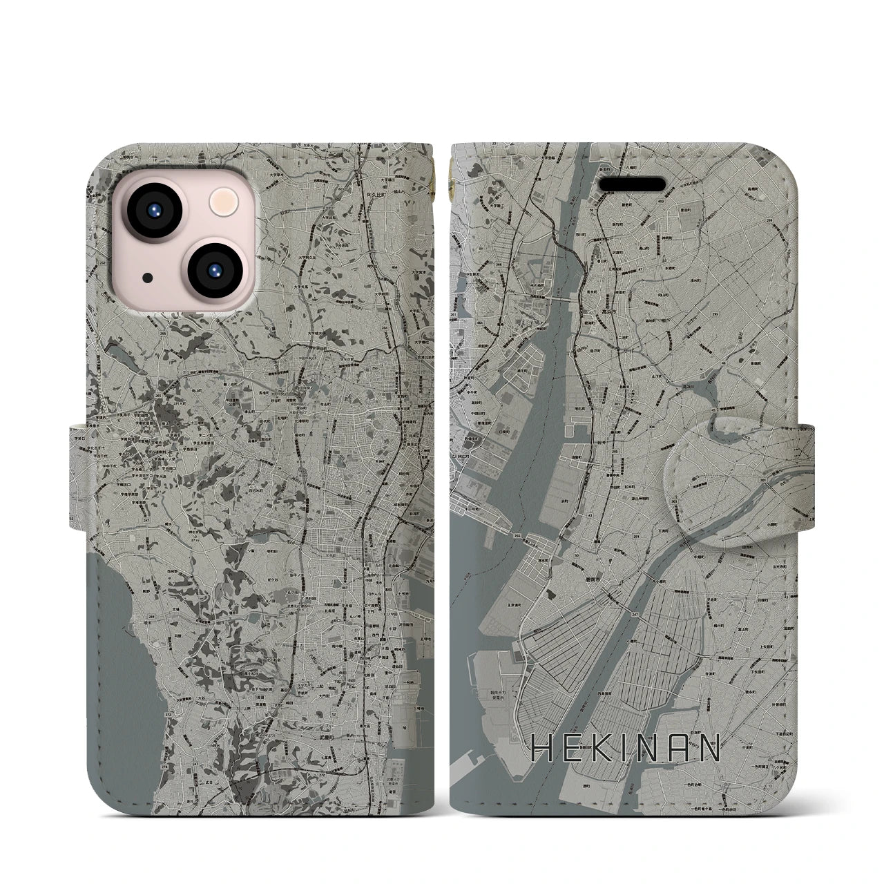 【碧南(愛知県)】地図柄iPhoneケース(手帳タイプ)モノトーン・iPhone 13 mini 用