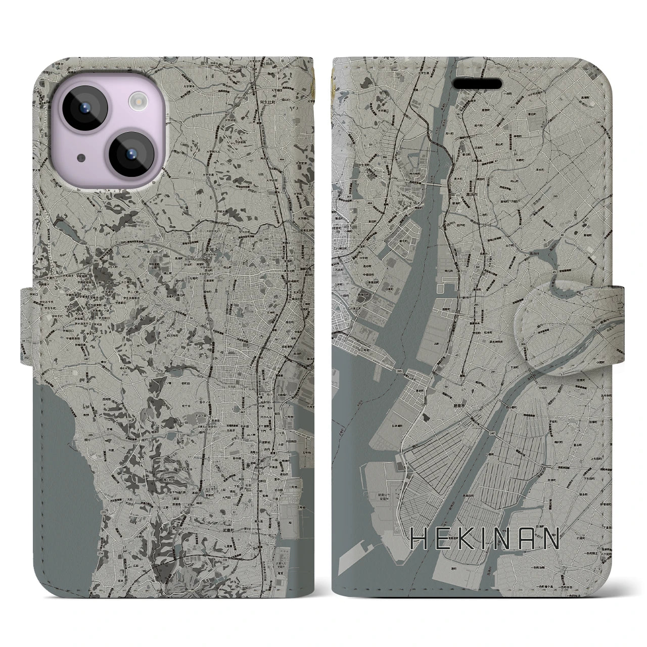 【碧南(愛知県)】地図柄iPhoneケース(手帳タイプ)モノトーン・iPhone 14 用