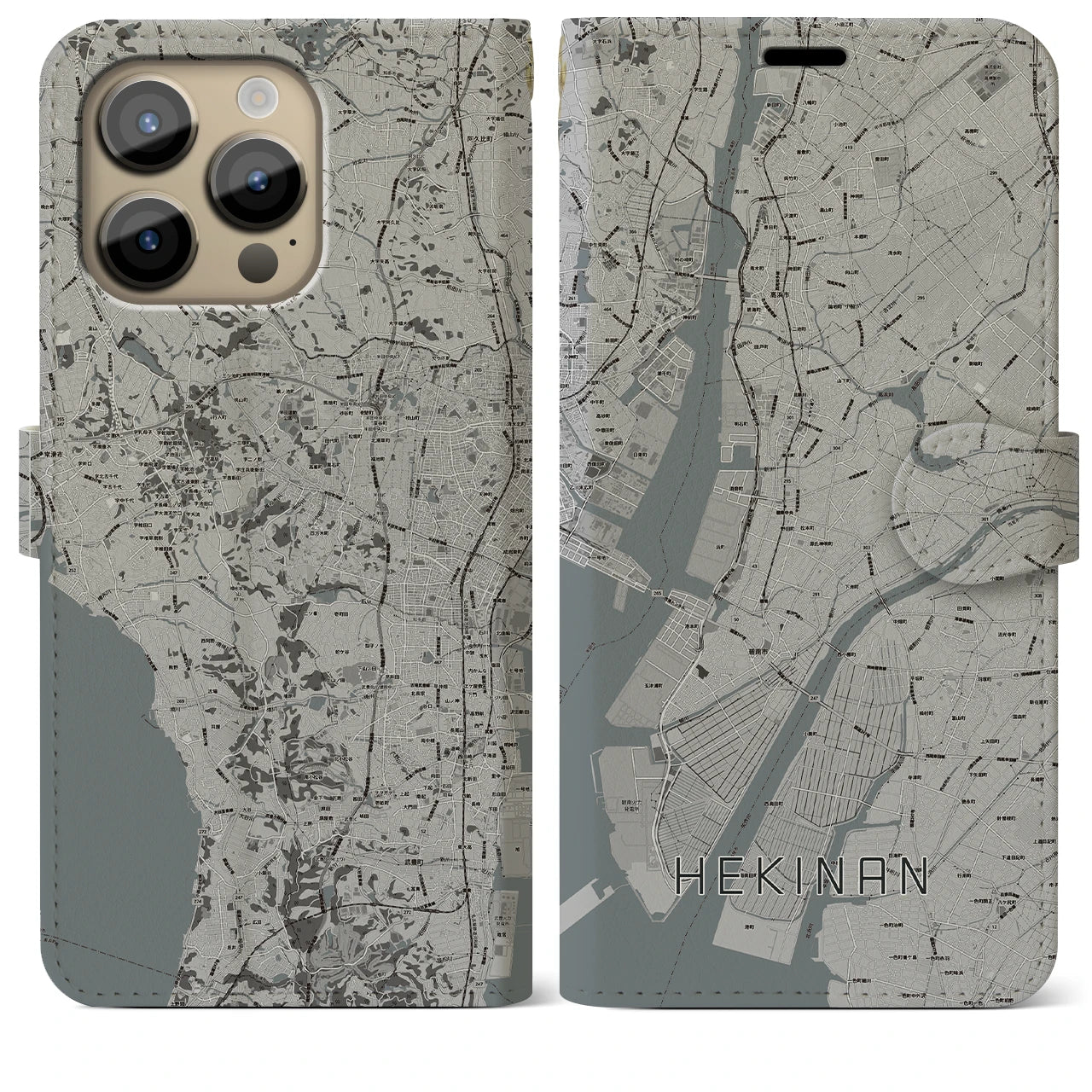【碧南(愛知県)】地図柄iPhoneケース(手帳タイプ)モノトーン・iPhone 14 Pro Max 用