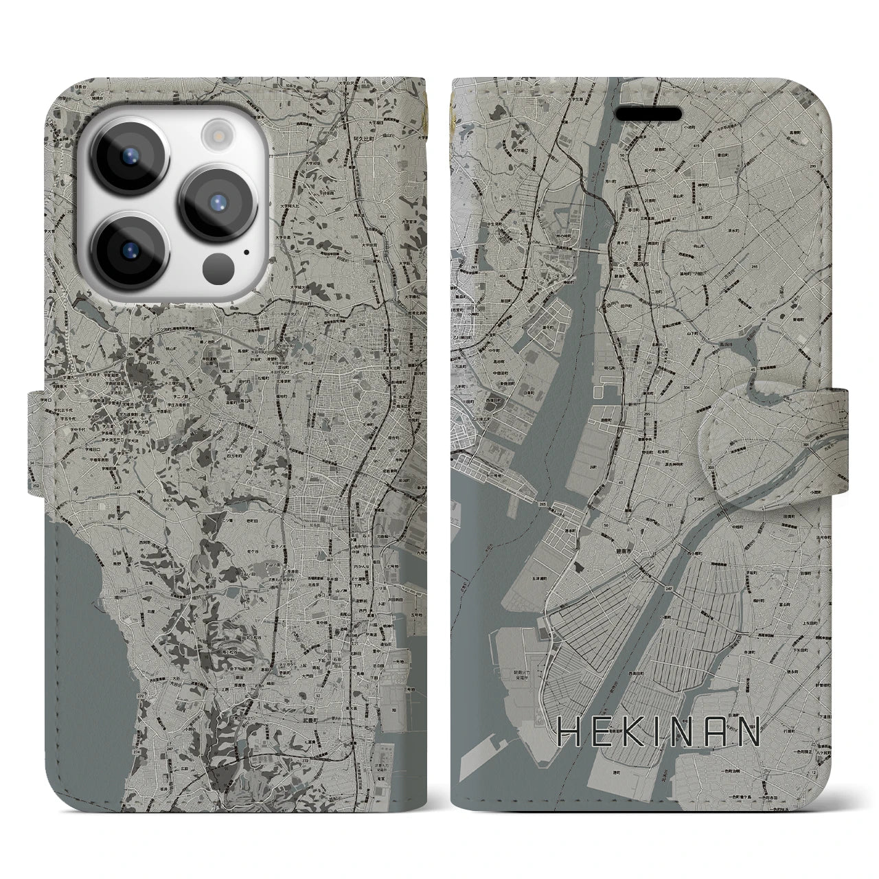 【碧南(愛知県)】地図柄iPhoneケース(手帳タイプ)モノトーン・iPhone 14 Pro 用