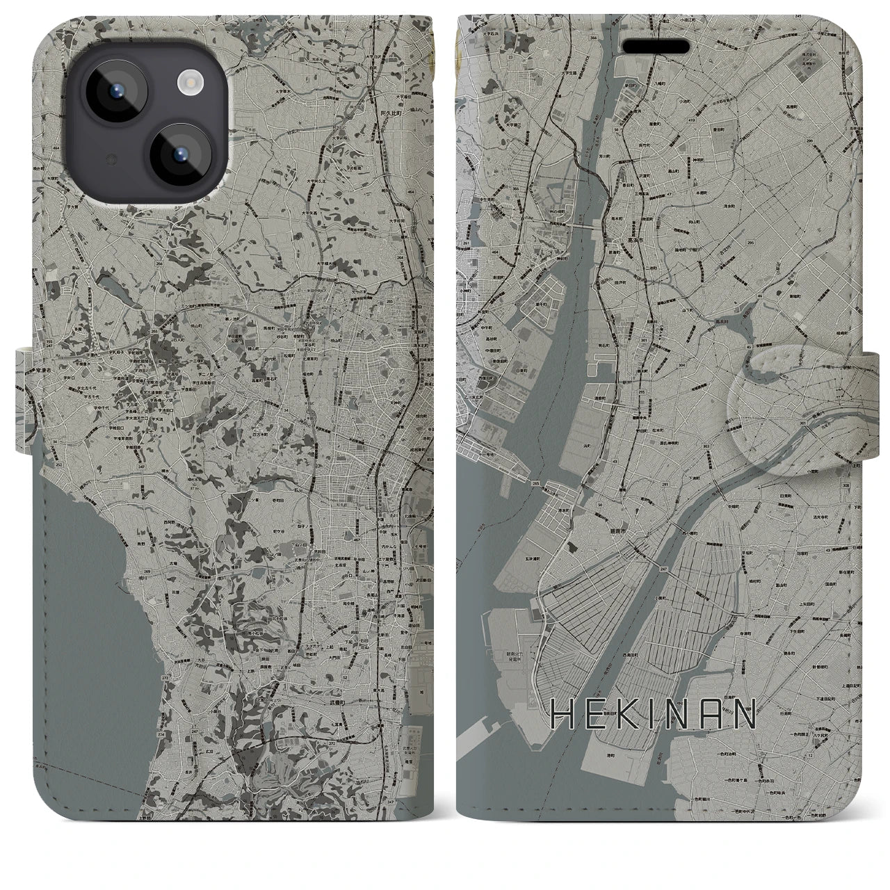 【碧南(愛知県)】地図柄iPhoneケース(手帳タイプ)モノトーン・iPhone 14 Plus 用