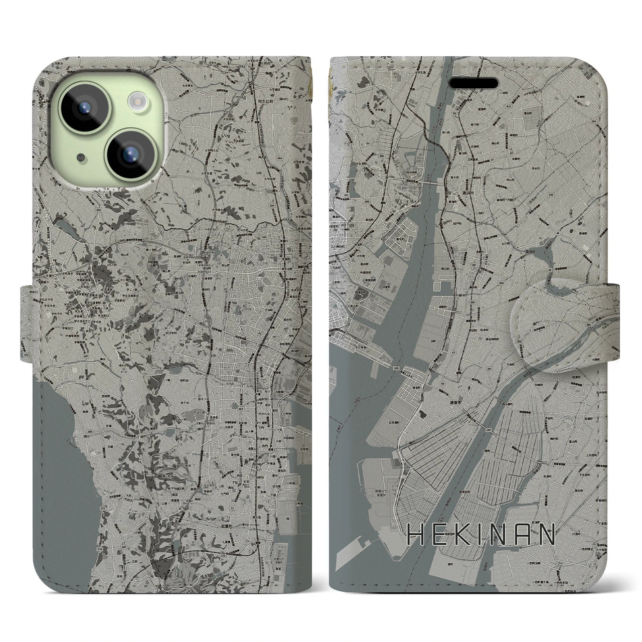 【碧南(愛知県)】地図柄iPhoneケース(手帳タイプ)モノトーン・iPhone 15 用
