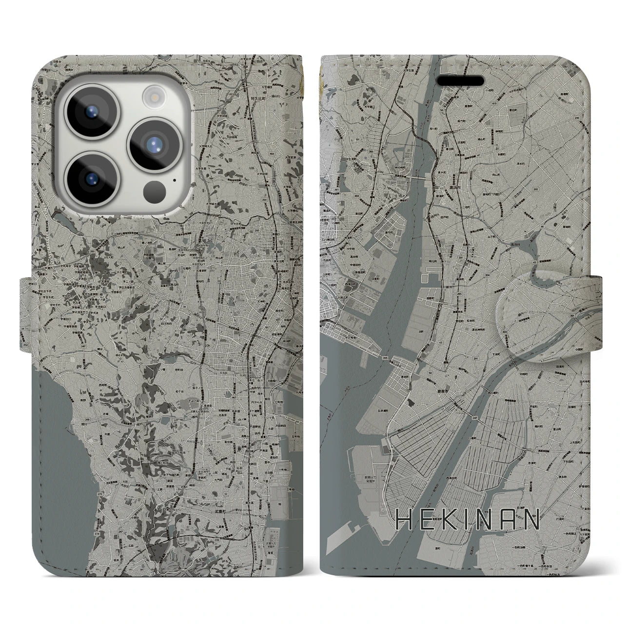 【碧南(愛知県)】地図柄iPhoneケース(手帳タイプ)モノトーン・iPhone 15 Pro 用