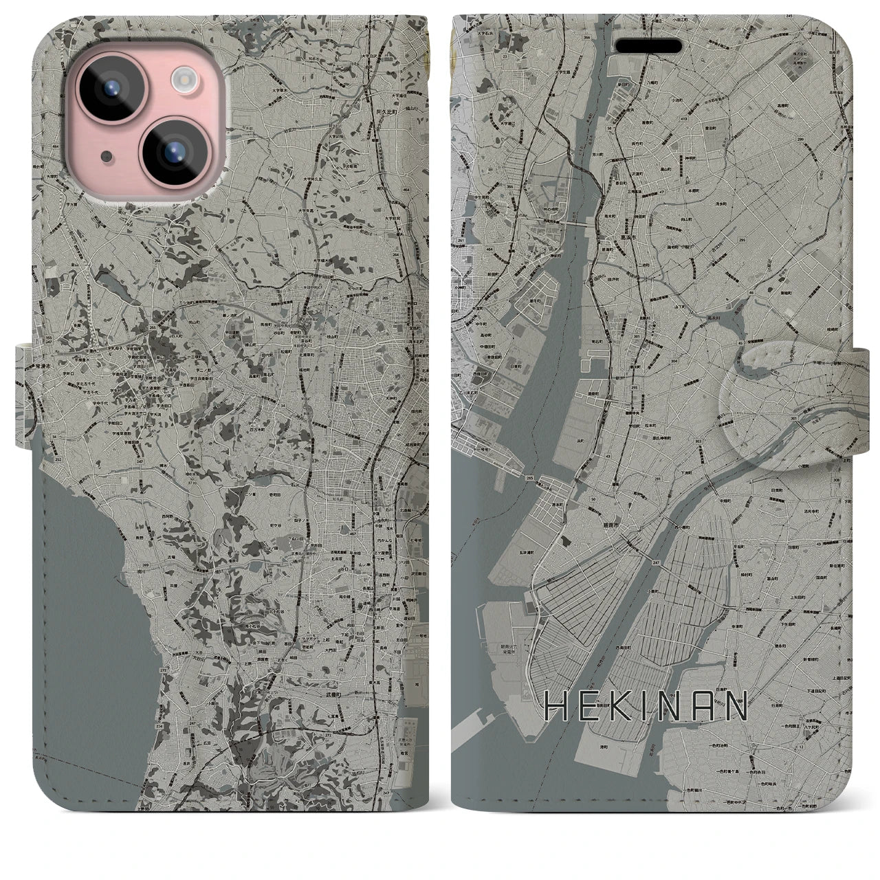 【碧南(愛知県)】地図柄iPhoneケース(手帳タイプ)モノトーン・iPhone 15 Plus 用