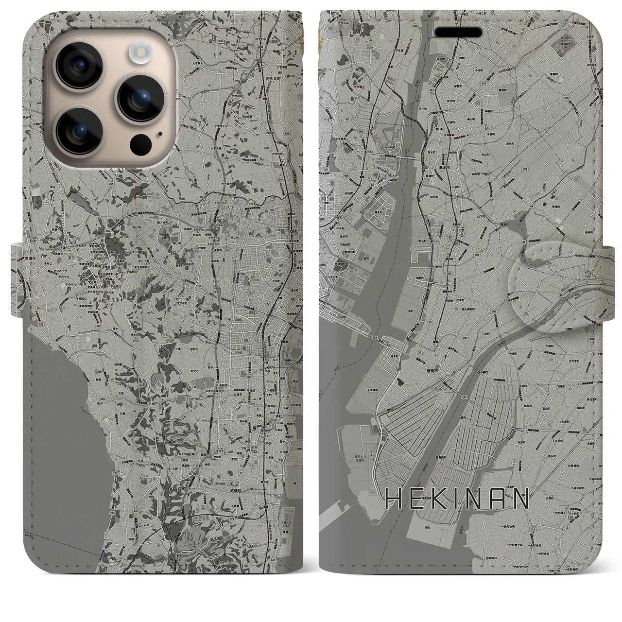 【碧南(愛知県)】地図柄iPhoneケース(手帳タイプ)モノトーン・iPhone 16 Plus 用