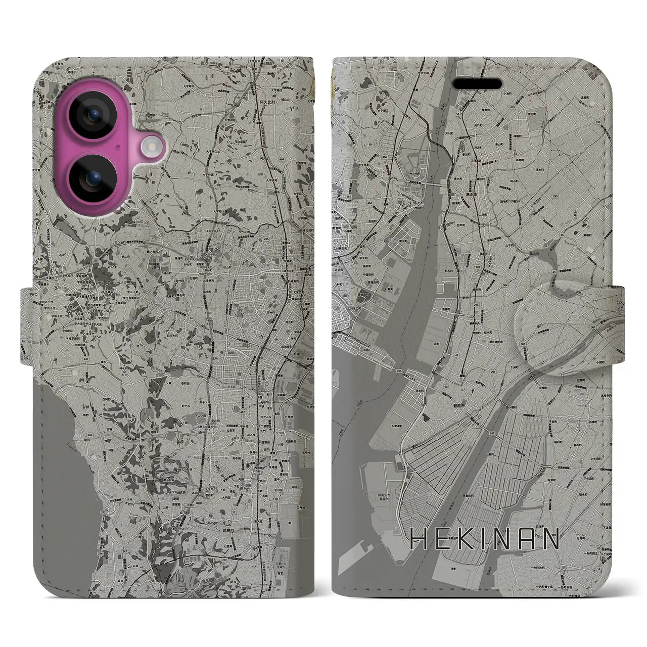 【碧南(愛知県)】地図柄iPhoneケース(手帳タイプ)モノトーン・iPhone 16 Pro 用