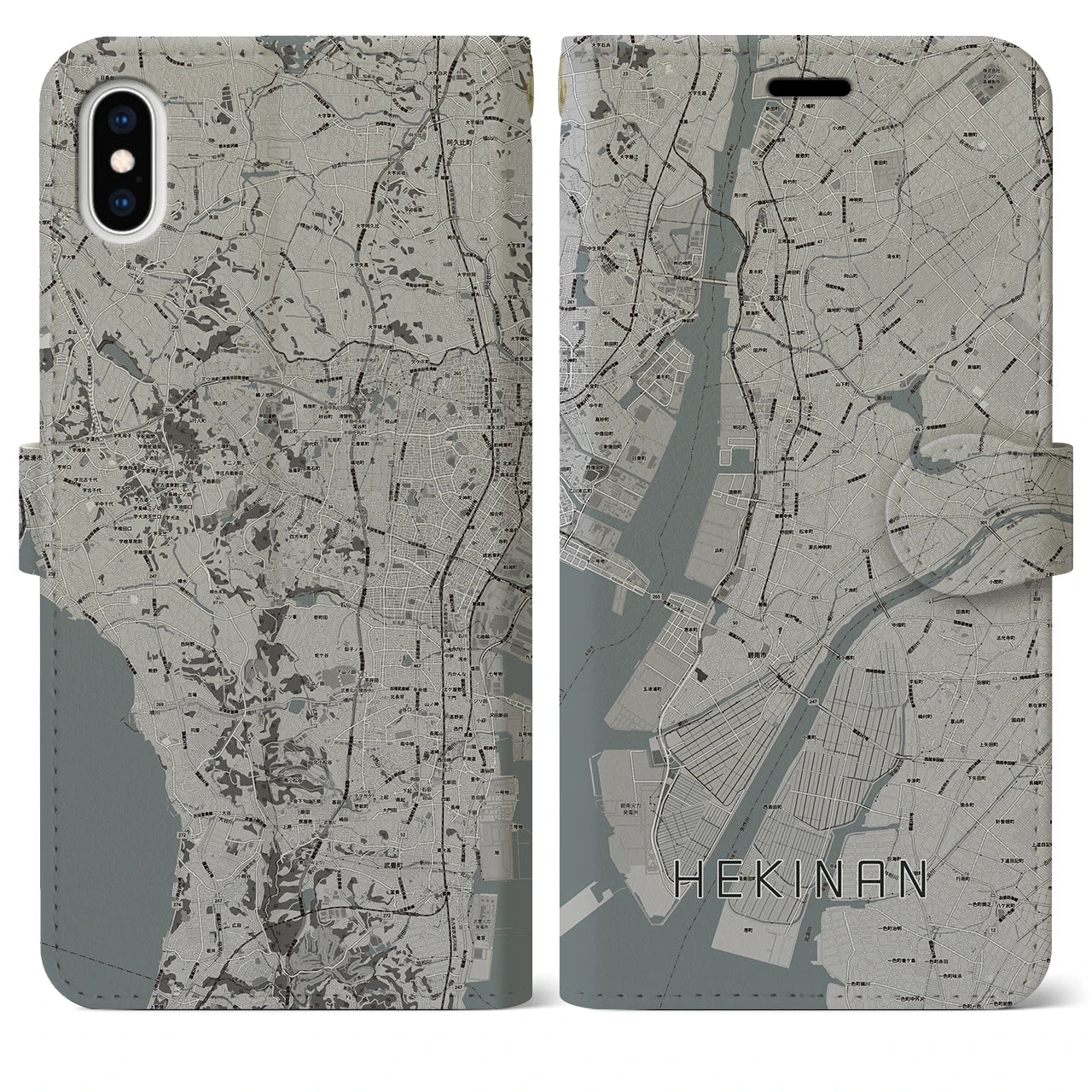 【碧南(愛知県)】地図柄iPhoneケース(手帳タイプ)モノトーン・iPhone XS Max 用