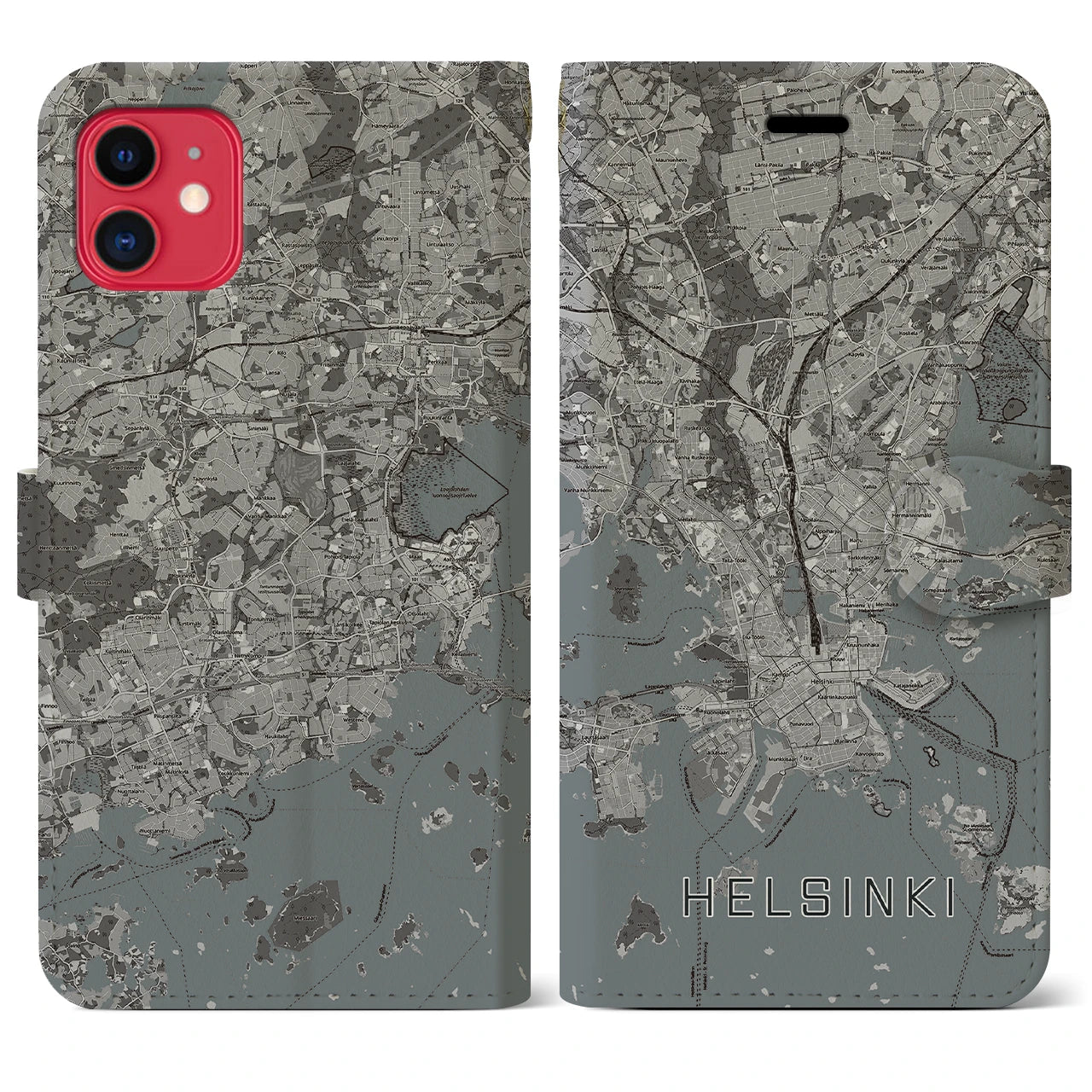 【ヘルシンキ(フィンランド)】地図柄iPhoneケース(手帳タイプ)モノトーン・iPhone 11 用